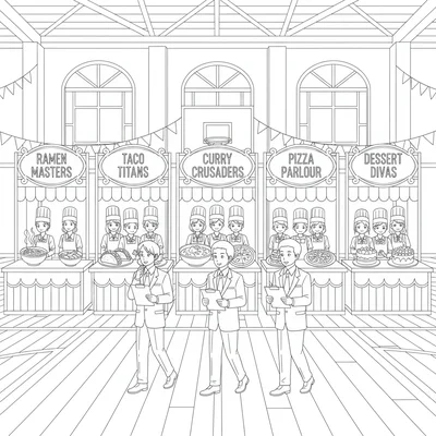 A school cultural festival food competition with five booths from different coloring page