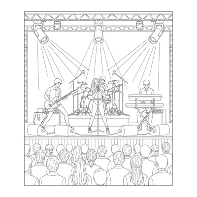 A school festival main stage performance with a four-piece band playing, each coloring page