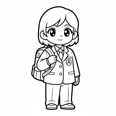 A school student standing with a book bag over one shoulder, wearing a simple coloring page