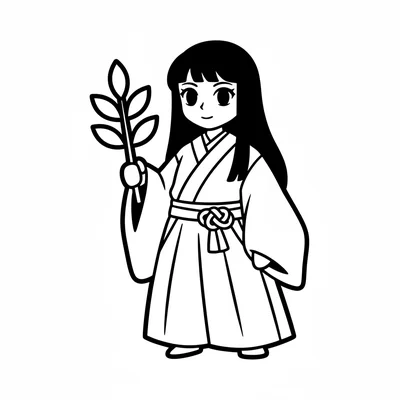 A shrine maiden in a simple white haori top and red hakama pants, large serene coloring page