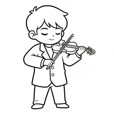A single anime boy character in a music club blazer holding a violin bow poised coloring page