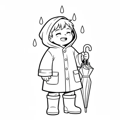 A single anime boy character in a raincoat and rain boots, umbrella closed coloring page