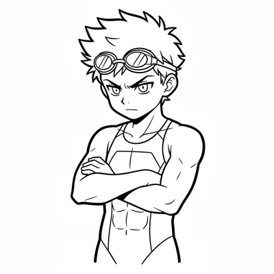 A single anime boy character in a swim team racing suit on the pool deck, arms coloring page