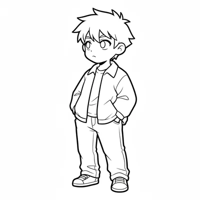 A single anime boy character in casual weekend clothes, jeans and a simple coloring page