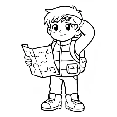 A single anime boy character in hiking boots and outdoor vest holding a trail coloring page