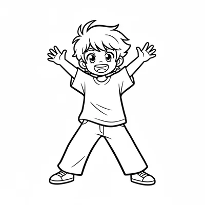 A single anime boy character waving cheerfully with both hands raised, big coloring page