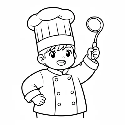 A single anime character in a chef's uniform and tall toque hat, one hand coloring page