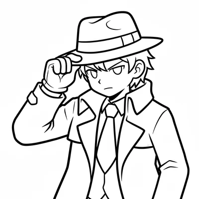 A single anime character in a detective costume with a long coat and hat, one coloring page