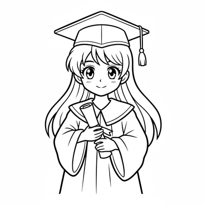 A single anime character in a graduation gown and mortarboard cap, holding coloring page