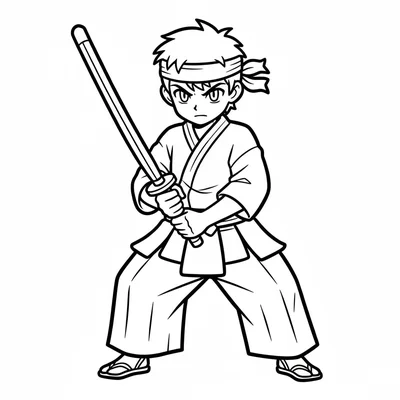 A single anime character in a kendo uniform holding a shinai practice sword coloring page
