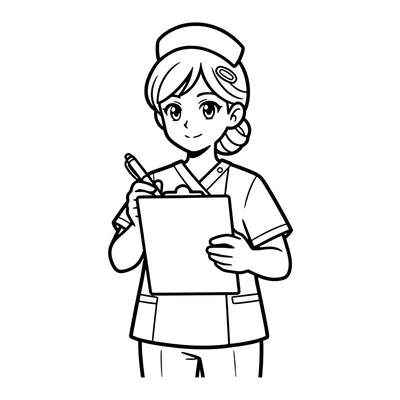 A single anime character in nurse scrubs holding a clipboard at chest height coloring page