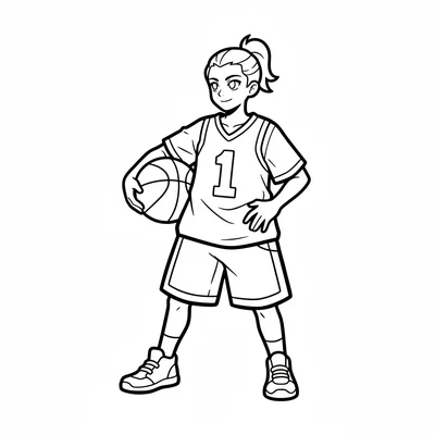 A single anime character in sports shorts and a team jersey holding coloring page