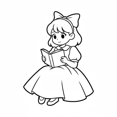 A single anime girl character in a vintage-style dress sitting on an unseen coloring page