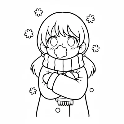A single anime girl character in a winter school coat and scarf, arms wrapped coloring page