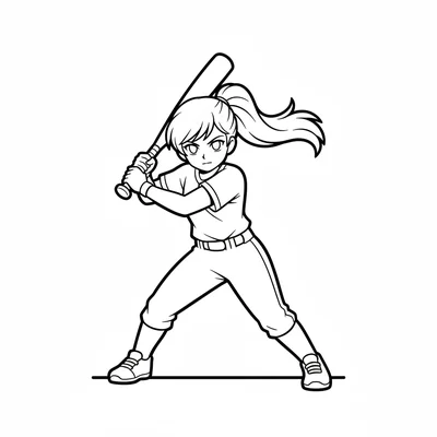 A single anime girl character in a batting stance holding a softball bat above coloring page
