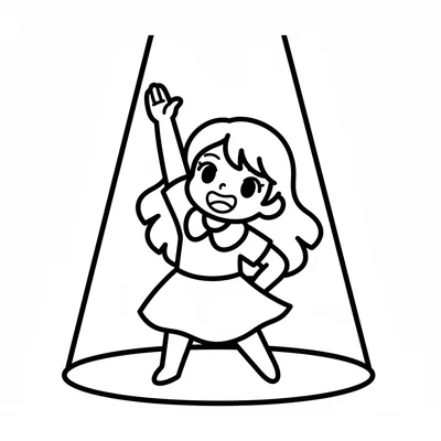 A single anime girl character in a theater spotlight moment, one arm raised coloring page
