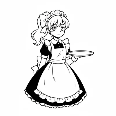 A single anime girl character in a maid cafe uniform with an apron, holding coloring page