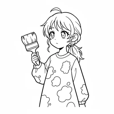 A single anime girl character in art class attire with a smock, holding coloring page