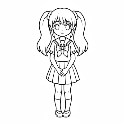 A single anime girl character standing in a simple pose wearing a school summer coloring page