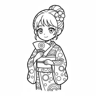 A single anime girl in a yukata kimono standing with a small fan held open coloring page