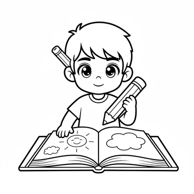 A sketch artist boy at a simple desk with a large sketchbook open in front coloring page