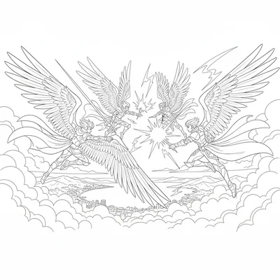 A sky battle between two teams of winged combatants at high altitude, four coloring page