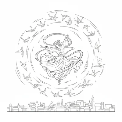 A sky dancer performing a dramatic aerial spin in the sky, robes and sashes coloring page