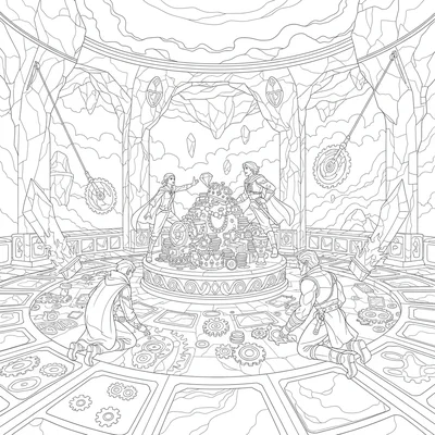 A sky island treasure vault discovery scene with four coloring page