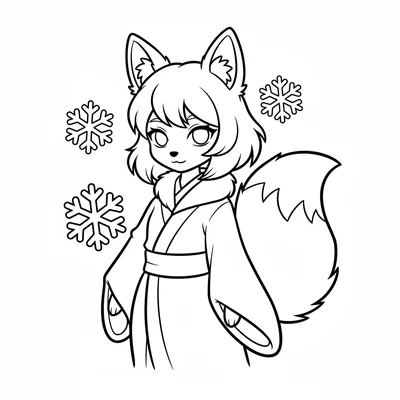 A snow fox spirit girl with semi-transparent fox ears and tail visible coloring page