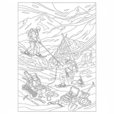 A snow mountain rescue with two alpine rescuers on snowshoes approaching coloring page