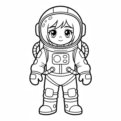 A space explorer girl in a simplified spacesuit facing forward, a large clear coloring page