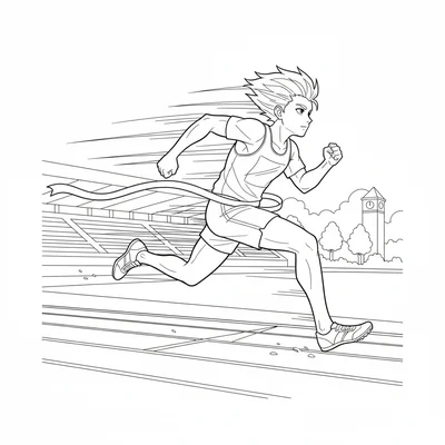 A speed runner sprinting down a school track, their hair and uniform streaming coloring page
