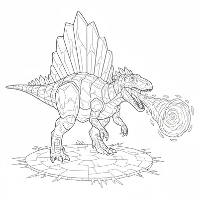A Spinosaurus ice warrior, body covered in crystalline ice armor, sail made of… coloring page
