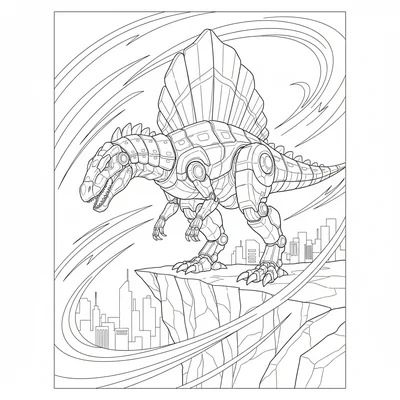 A Spinosaurus mecha standing on a cliff edge, sail glowing with energy stripes,… coloring page