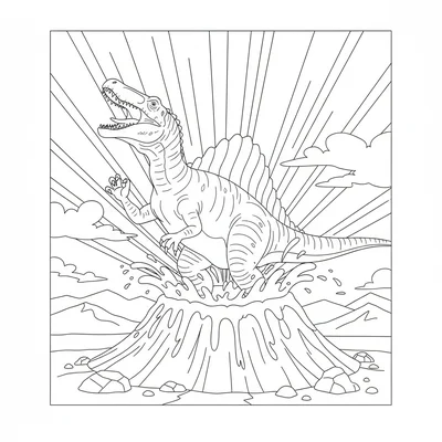 A Spinosaurus rising from a volcanic crater, magma splash shapes around its leg… coloring page