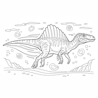 A Spinosaurus swimming at high speed underwater, body streamlined, sail folded… coloring page