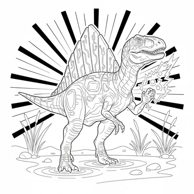 A Spinosaurus with a cybernetic sail made of glowing panel segments, standing i… coloring page