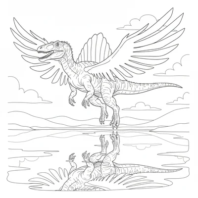 A Spinosaurus with wings made of energy extending from its arms, hovering above… coloring page