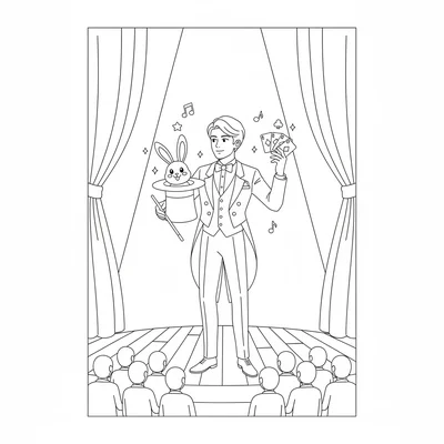 A stage magician in a performance outfit pulling a rabbit from a top hat coloring page