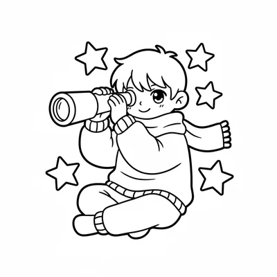 A stargazer boy sitting facing forward with a telescope in both hands raised coloring page
