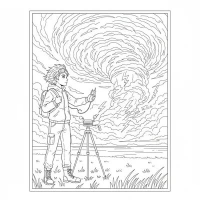 A storm chaser teen standing beside a field weather station as a supercell coloring page