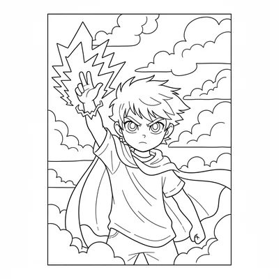 A storm summoner boy in a dramatic short cape, large intense anime eyes, hair coloring page