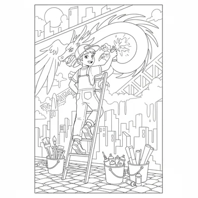 A street artist mid-work on a large wall mural, on a ladder at the upper coloring page