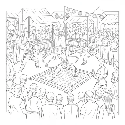 A street martial arts exhibition where a performer is in the middle coloring page