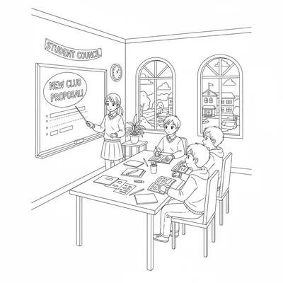 A student council meeting in a simple decorated meeting room, three members coloring page