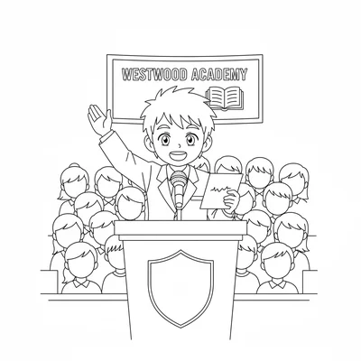 A student council president giving a speech at a podium in a school assembly coloring page