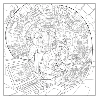 A submarine internal scene with the crew at battle coloring page