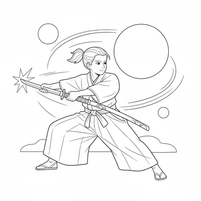 A sword practitioner drawing their katana from the sheath in a fast iai draw coloring page
