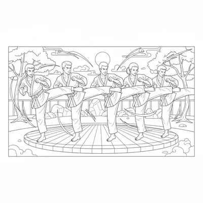 A synchronized martial arts team form performance, five performers in a line coloring page