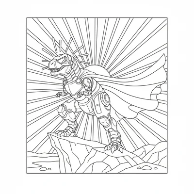A T-Rex in full mecha armor suit, visor glowing, standing heroically on a cliff… coloring page
